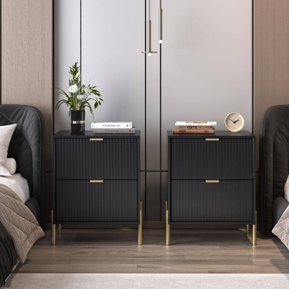 Festivo Modern Accent Black 2-Drawers 20 In. Wide Nightstand With ... pertaining to Contemporary Nightstand, Elegant Brass Accents & 2 Storage Drawers