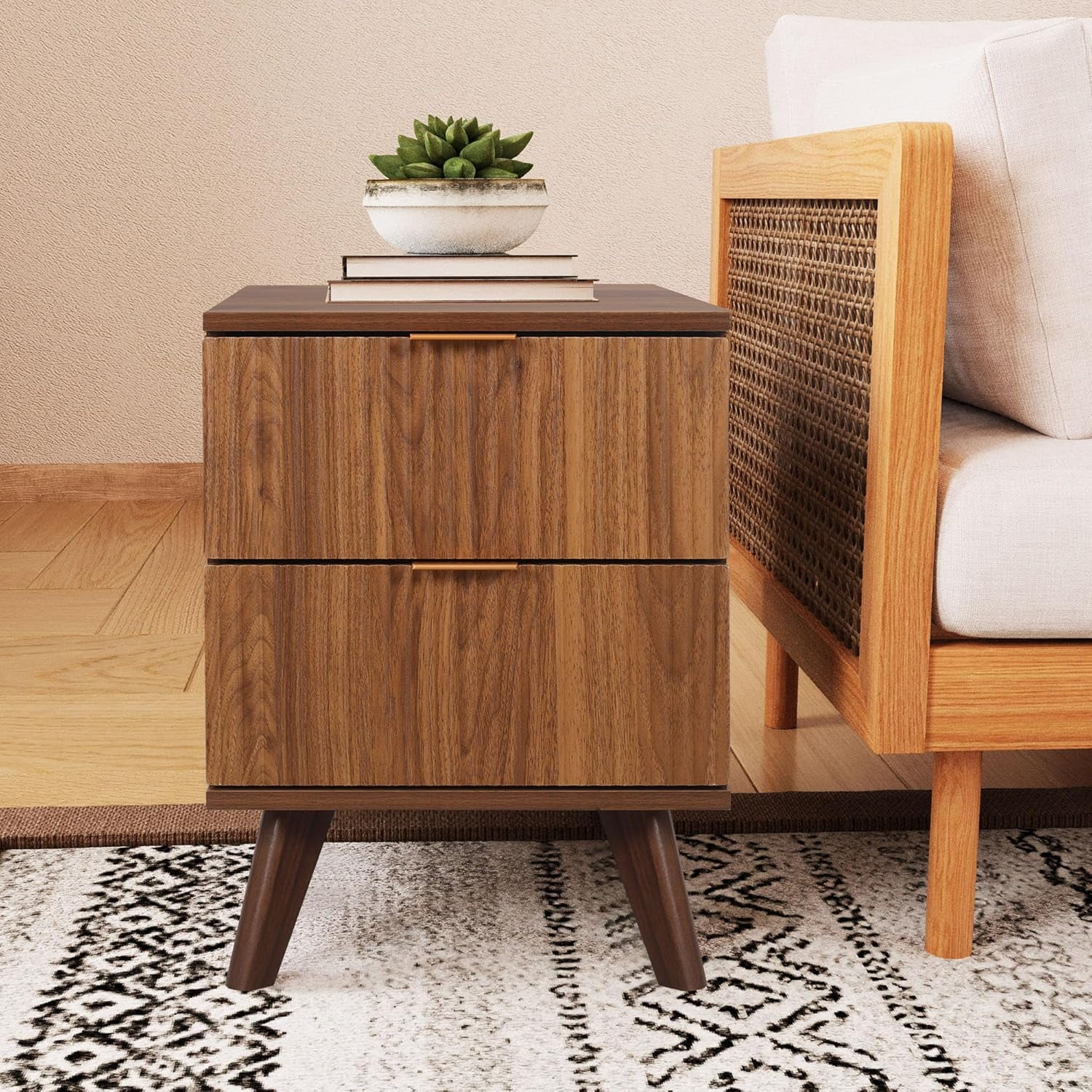 Fluted Nightstand, Mid Century Modern 2 Drawer Bedside Table For ... with regard to Design principles that make espresso end tables perfect for modern living spaces