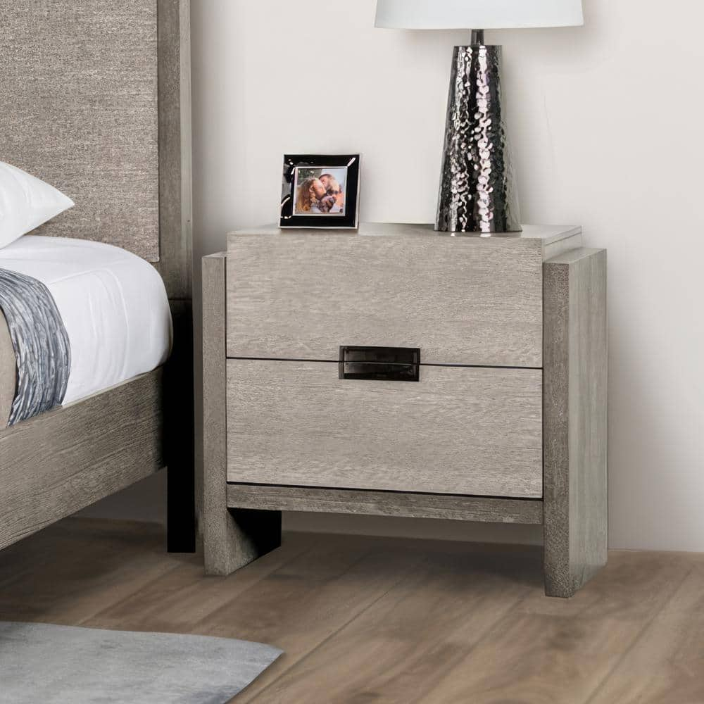 Furniture Of America Burnett Modern Gray 2-Drawer 26 In. W Nightstand ... in Contemporary Nightstand, Matte Gray Velvet Upholstery & Chrome Nailhead Accents