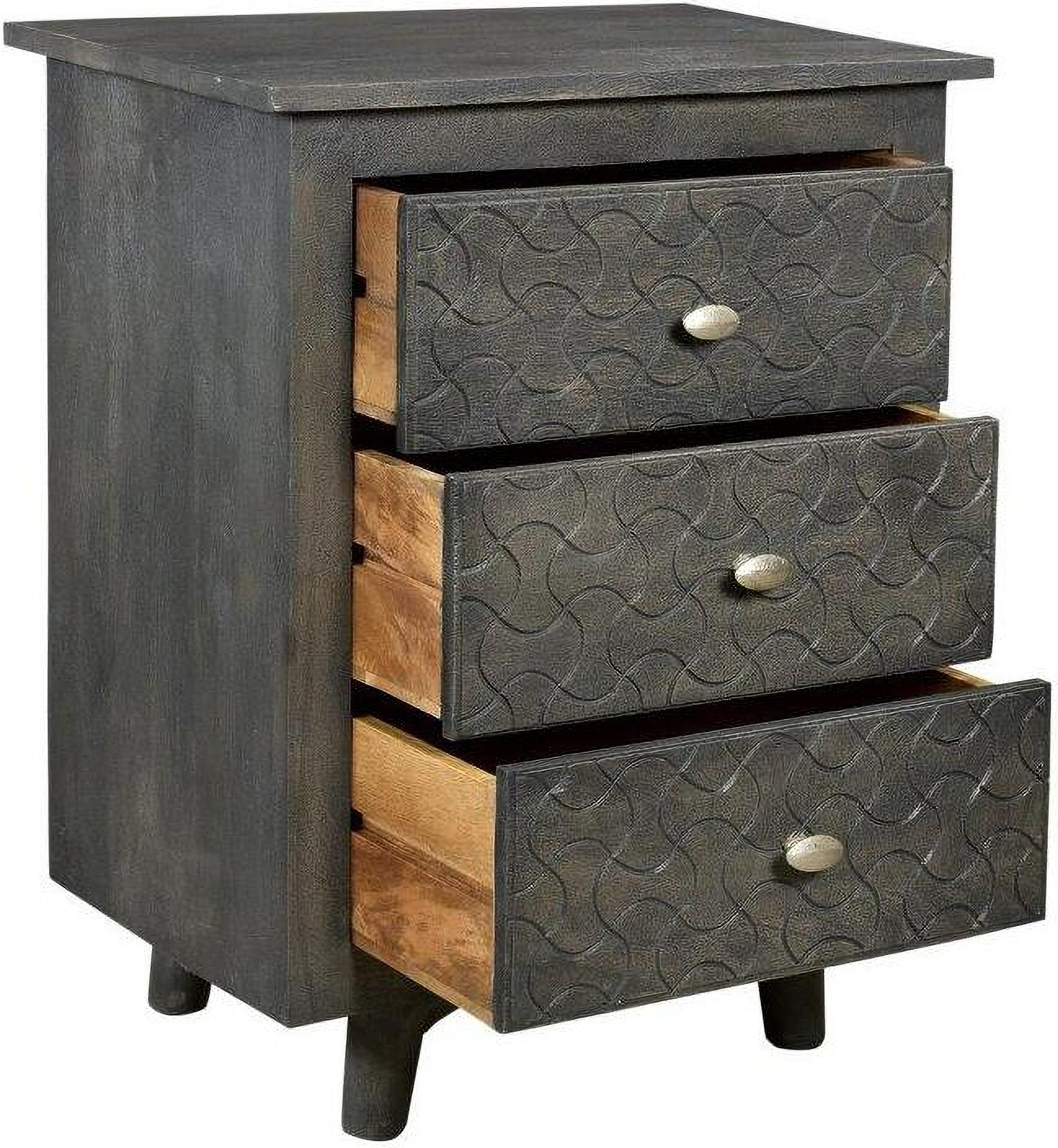 Gridley 3 Drawer Nightstand In Grey Wash By Moti | 1Stopbedrooms intended for Gridley Hand-Carved 3-Drawer Nightstand On Mango Solid Wood