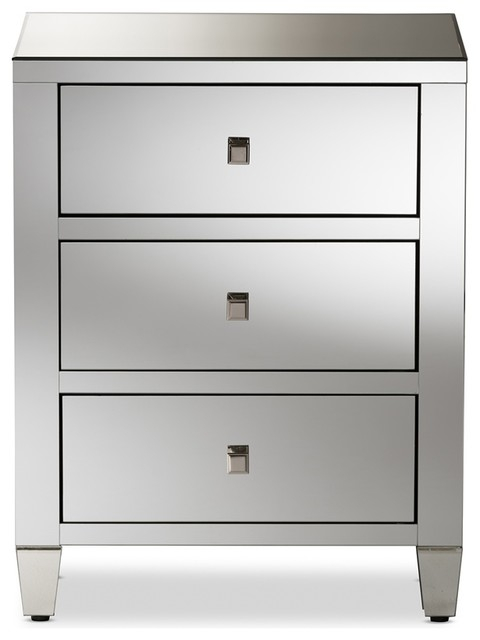 Hollywood Regency Glamour Style Mirrored 3-Drawer Nightstand ... throughout Contemporary Nightstand, Bun Feet & Glamorous Mirror Trim Accent