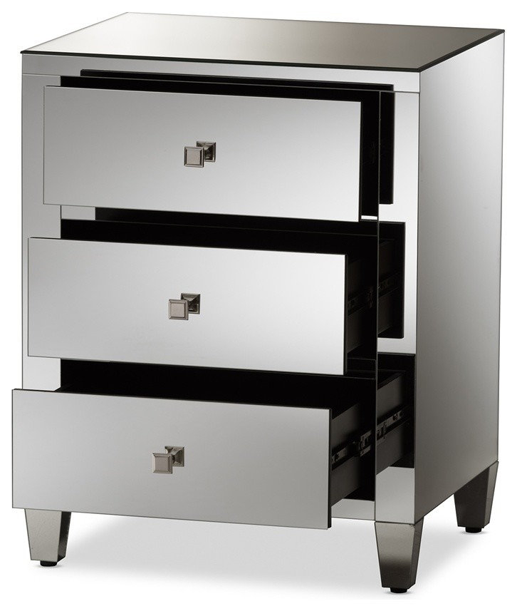 Hollywood Regency Glamour Style Mirrored 3-Drawer Nightstand ... throughout How Mirrored Nightstands Transform Small Bedroom Spaces