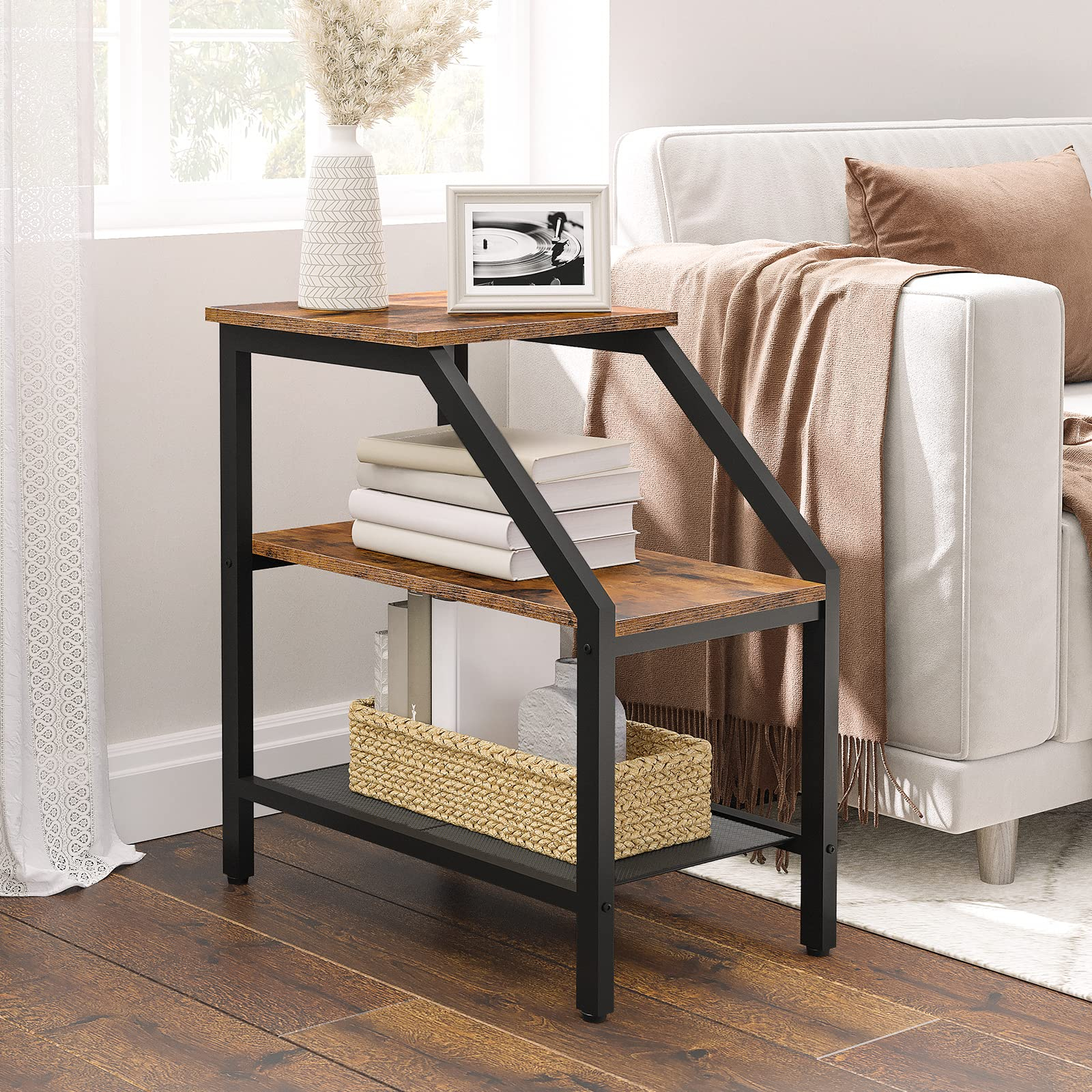 Hoobro Narrow Side Table, Slim Bedside Table With 3-Tier Storage ... with 3-Tier Industrial End Side Table Nightstand W/2 Adjustable Shelves Rustic Brown