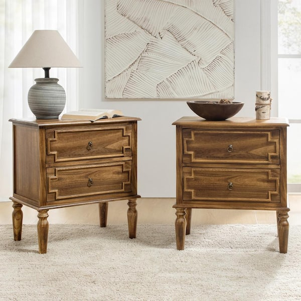 Jayden Creation Leo Walnut 2-Drawers Farmhouse Solid Wood Nightstand ... with regard to Farhart Faux Wood Single Drawer Nightstand, Walnut/White, Set Of 2