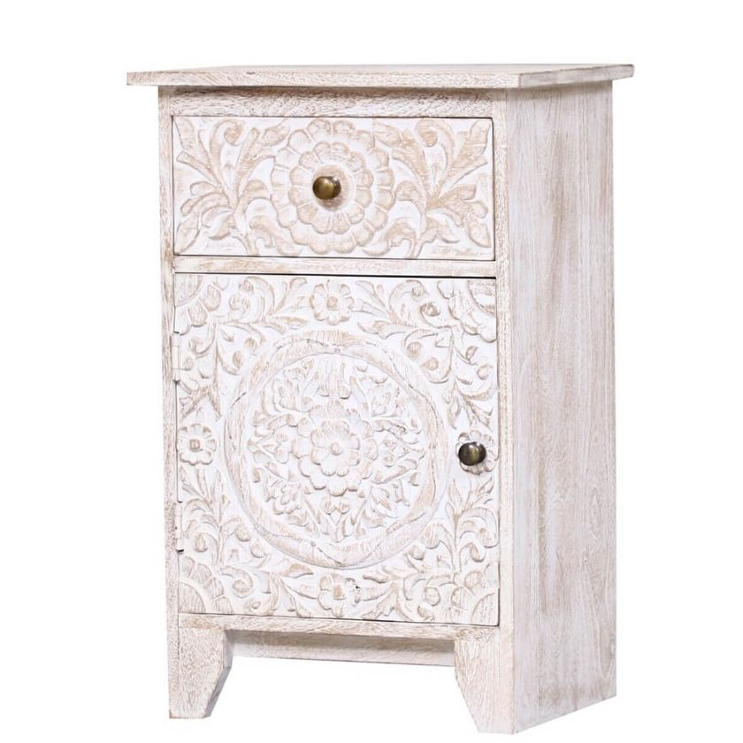 Juliano Handcarved Reclaimed Wood White Nightstand With Drawer with Understanding the Artistry Behind Reclaimed Wood Handcarved Floral Nightstand ST114-BL