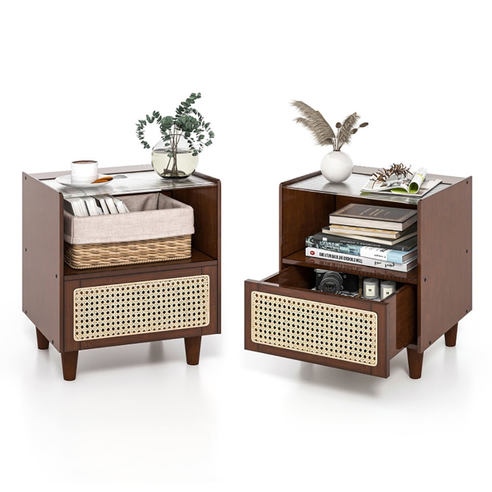 Kadyn Nightstand With Rattan Drawers Set Of 2, Nightstand With Glass ... within Set Of 2 Nightstand, Lower Open Shelf & Upper Drawer