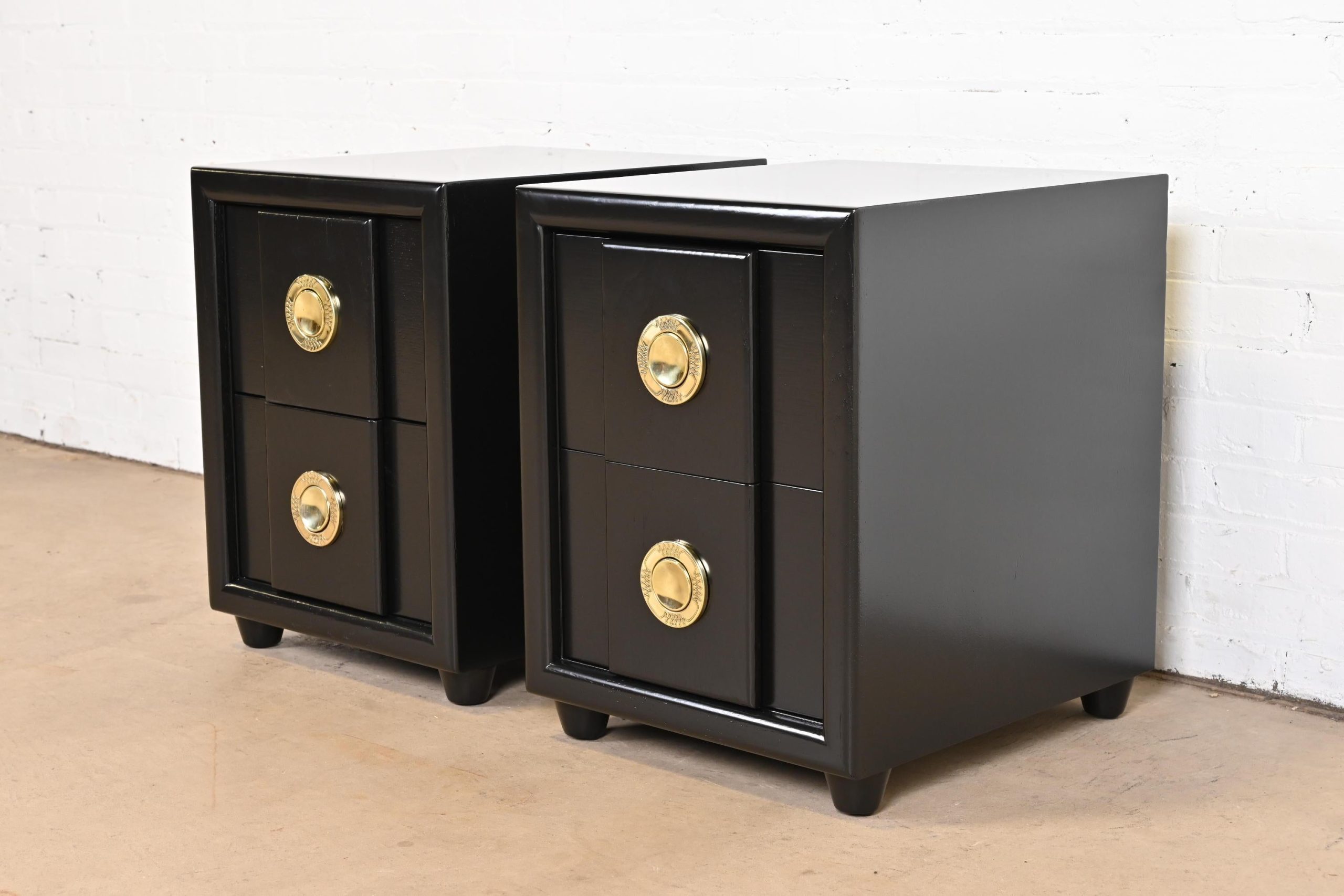 Karpen Of California Mid-Century Modern Black Lacquered Nightstands ... regarding Exploring the Aesthetic Appeal of Black Lacquer Surfaces in Modern Interior Design