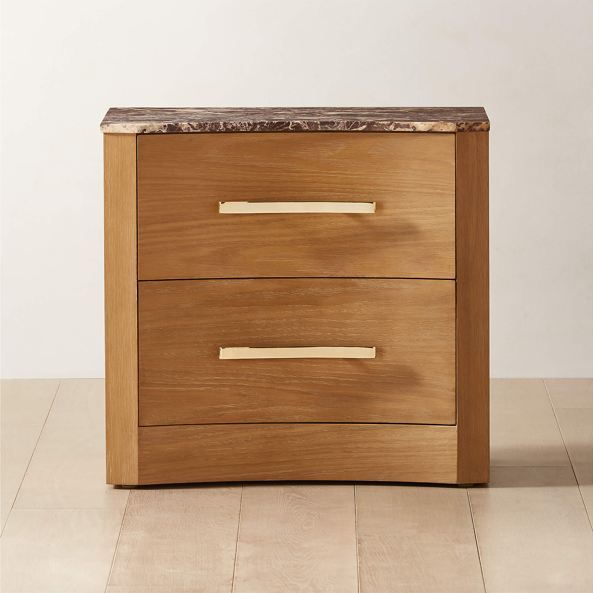 Kingsbury 2-Drawer Curved Oak Wood Nightstand With Marble Top + Reviews ... pertaining to Maximizing Storage with Multi-Drawer Nightstand Solutions