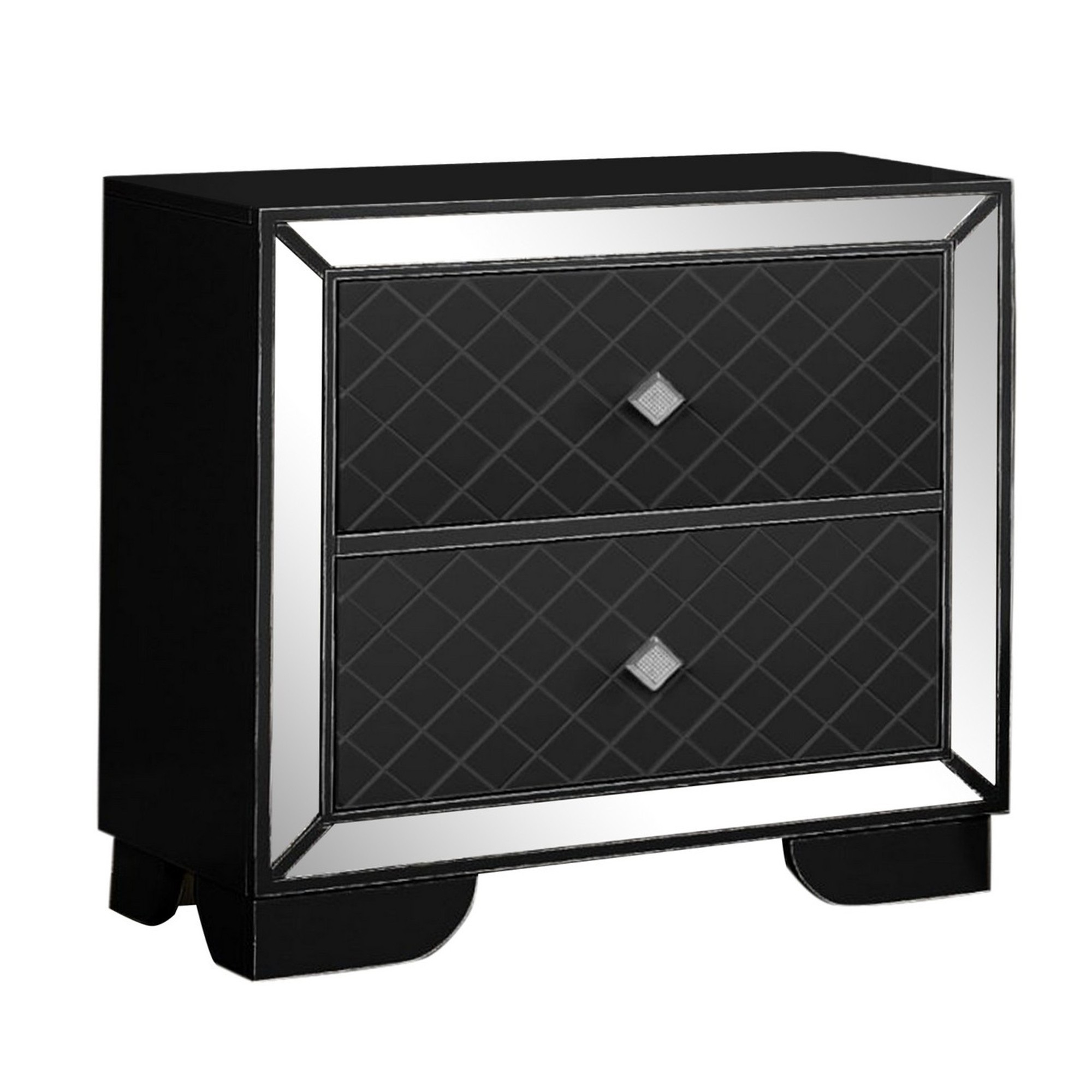 Kom 28 Inch 2 Drawer Nightstand, Diamond Pattern Front, Mirror Trim ... with Elegant Nightstand, Diamond Patterned Drawers & Glittering Accent