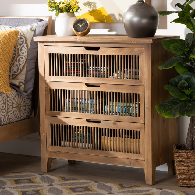 Kors Rustic Transitional Medium Oak 3-Drawer Wood Spindle Chest ... with Kors Rustic Transitional Medium Oak 1-Door And 1-Drawer Wood Spindle Nightstand