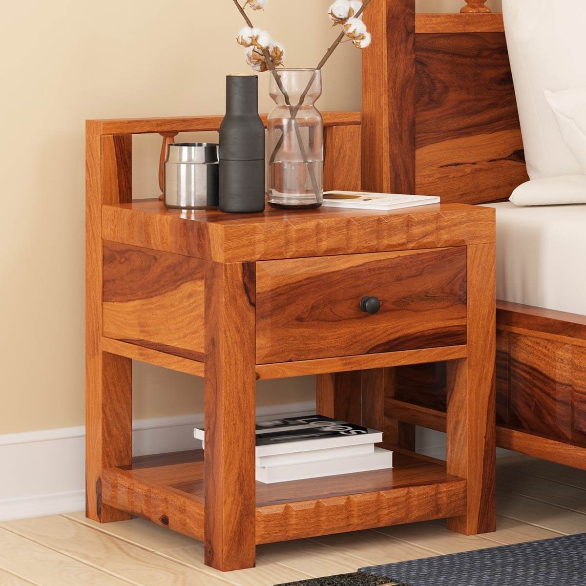 Laspor Rustic Solid Wood 1 Drawer Nightstand in Tateusrustic Natural Tone Finish Solid Wood 1Pc Nightstand Bedside Table