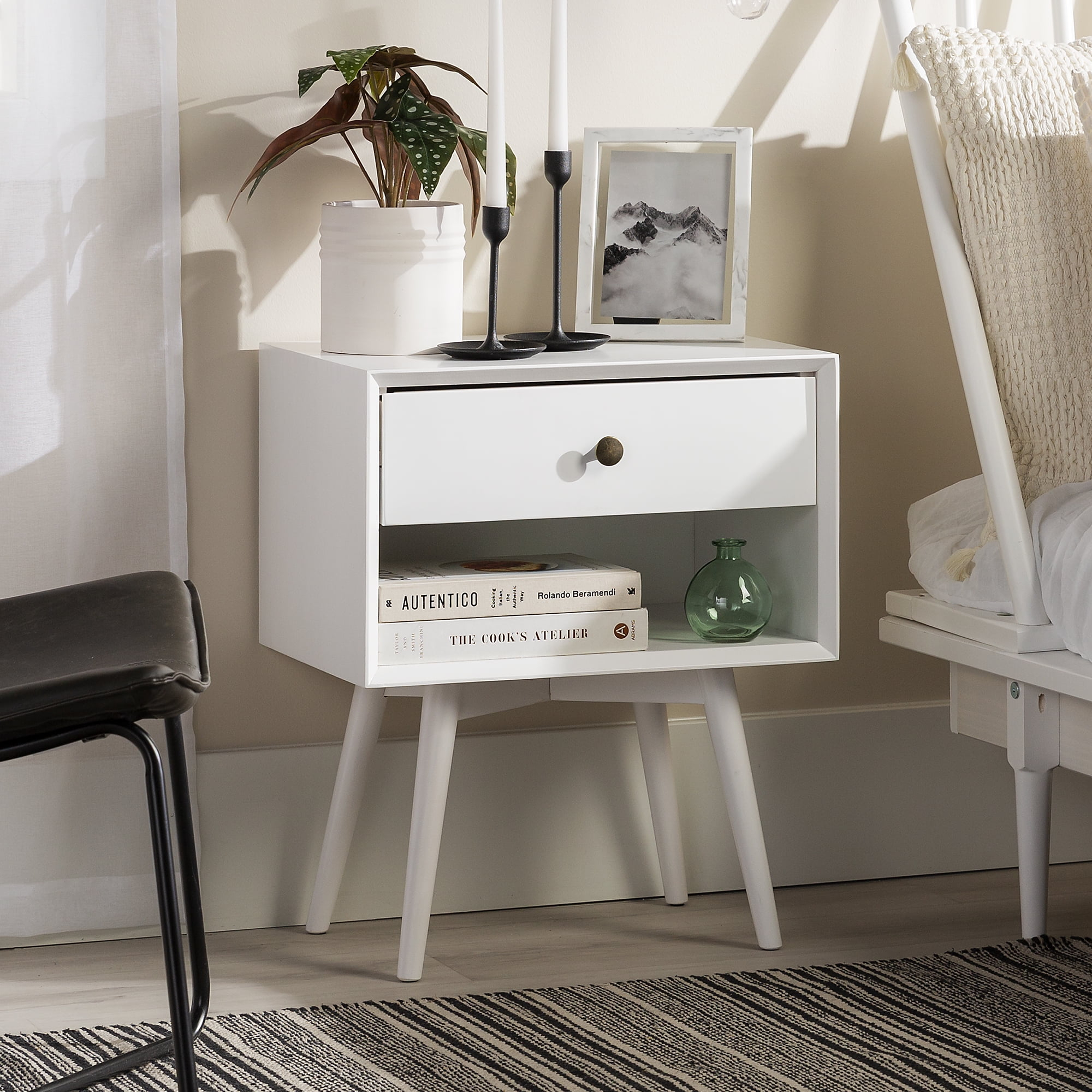 Manor Park Mid Century Modern 1 Drawer Nightstand, White - Walmart.com in Leah Mid-Century Modern 1-Drawer Wood Nightstand, White