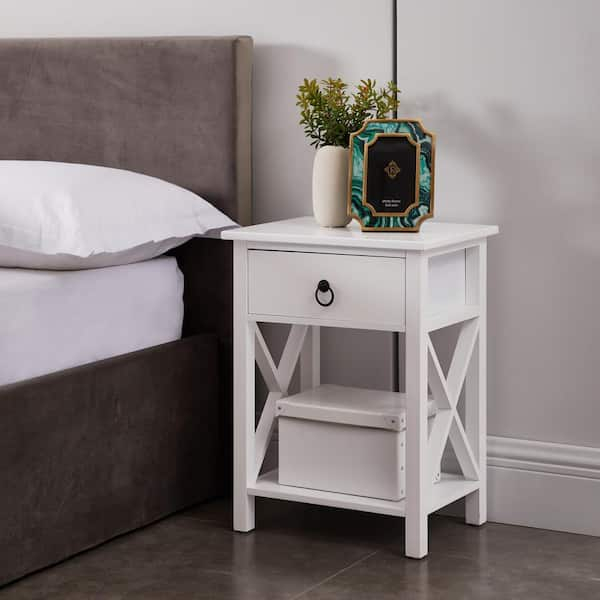 Maykoosh 16 In. White Slim Wood End Table With Drawer And Shelf-Narrow ... intended for Rustic Narrow Smart White Nightstand Bedside Table