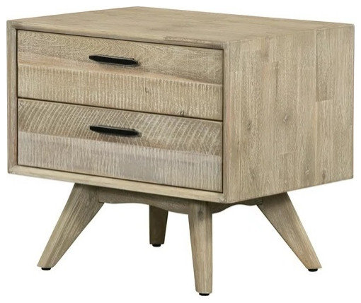 Mid-Century 2-Drawer Nightstand In Sandblast Gray With Angled Wood Legs ... pertaining to Solid wood vs engineered materials in artisan bedroom furniture construction