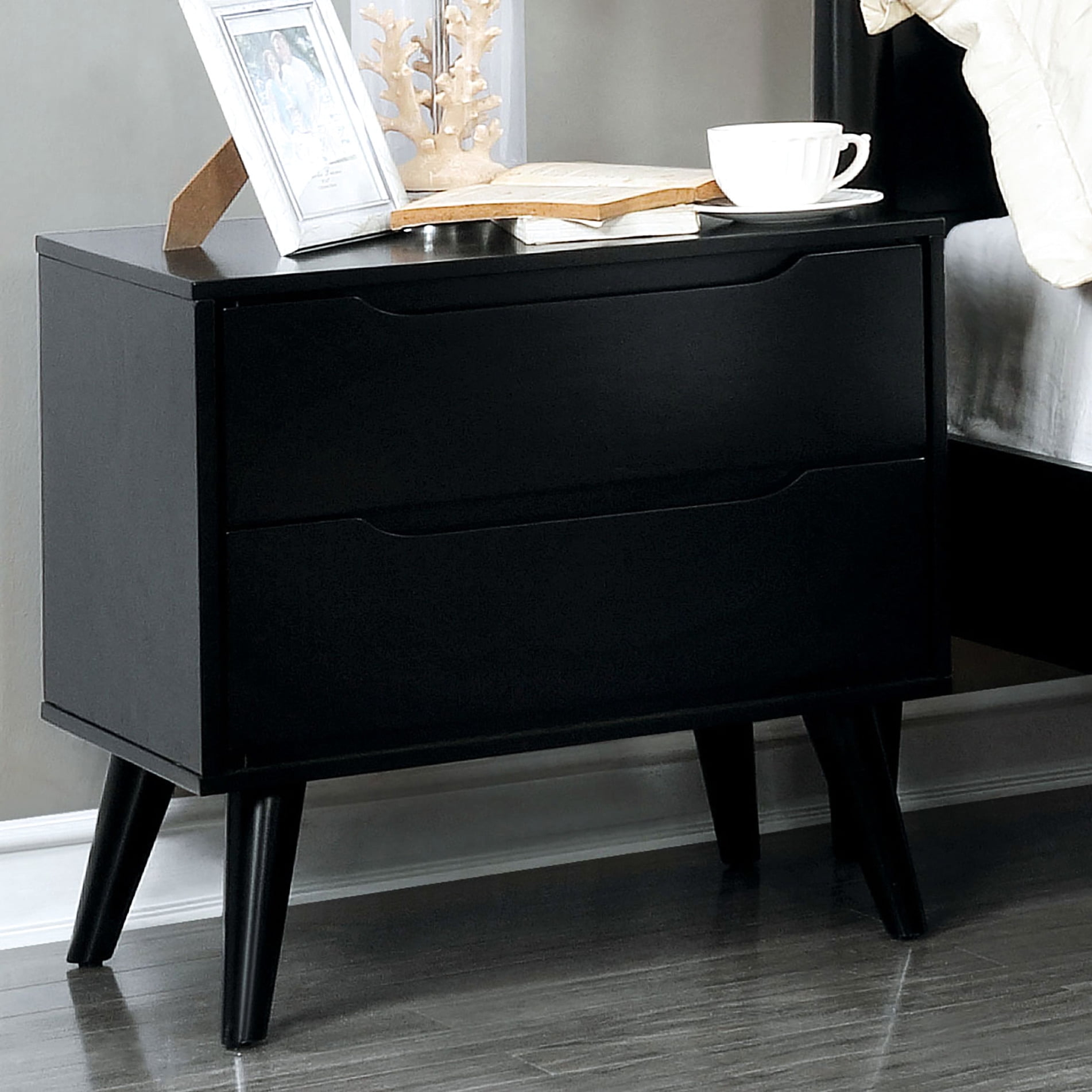Mid-Century Modern Solid Wood Nightstand In Black, 2 With Round Tapered ... pertaining to Understanding the craftsmanship behind rubberwood nightstands with tapered legs