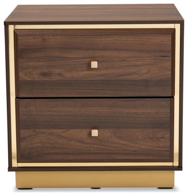 Mid-Century Modern Walnut Brown Finished Wood And Gold Metal 2-Drawer ... regarding Nyquist Contemporary Dark Brown Wood And Rose Gold Metal 2-Drawer Nightstand
