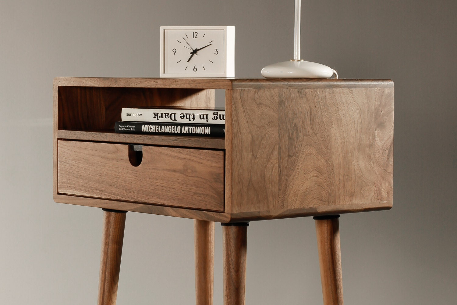 Mid Century Nightstand With Drawer In Solid Walnut Wood throughout Classic Midcentury Modern 1-Drawer Solid Wood Nightstand Side Table, Walnut