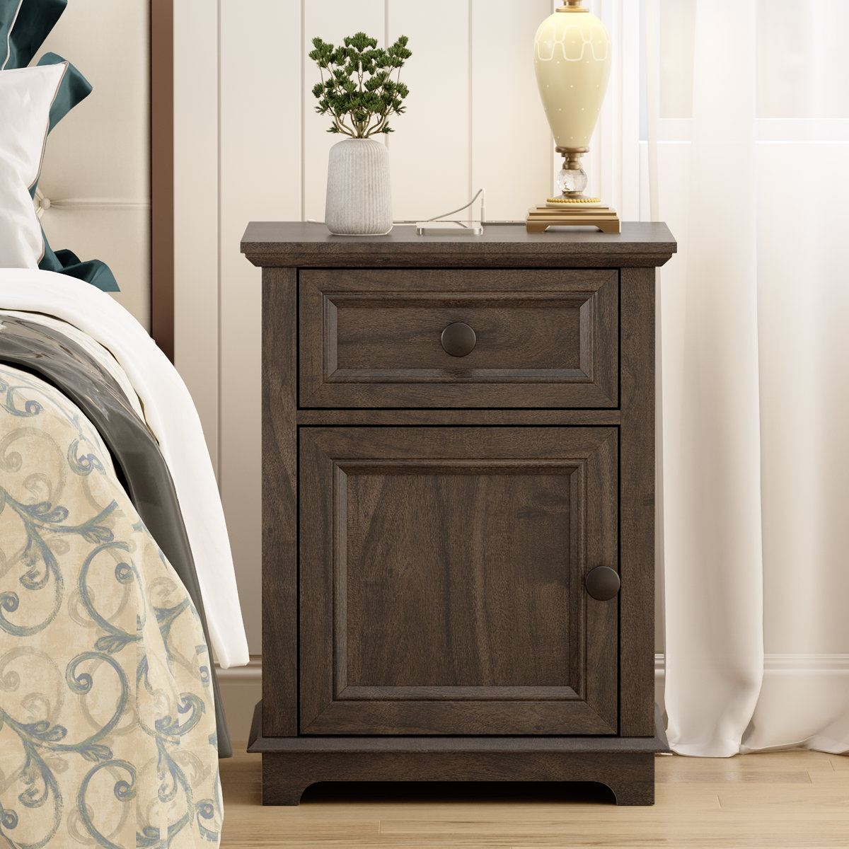 Millwood Pines Brittnei 1-Drawer Manufactured Wood Nightstands With ... in 18" Dark Brown Two Drawers Manufactured Wood Mirrored Nightstand