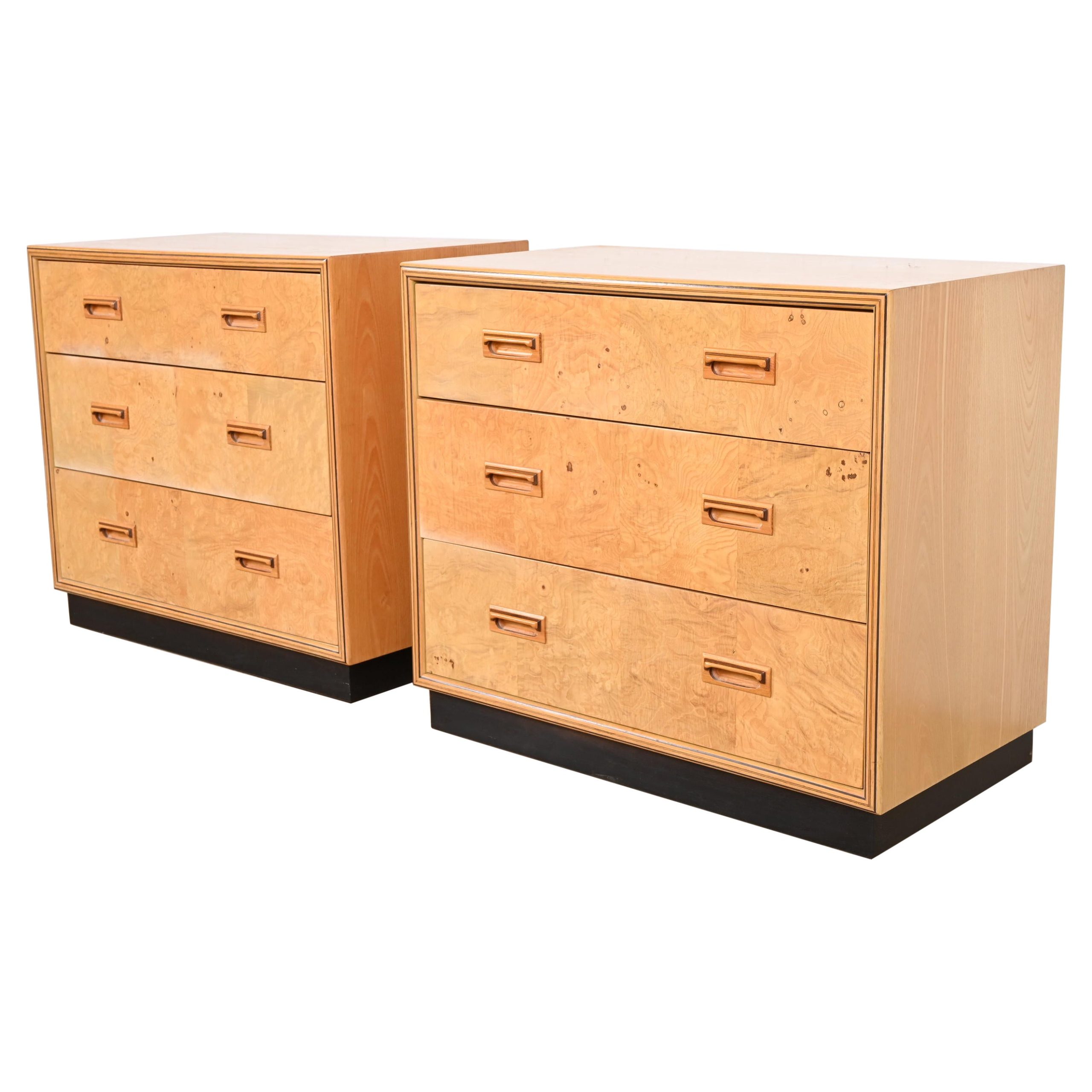Milo Baughman Style Burl Wood Bedside Chests By Henredon, Pair For Sale ... with Nightstand Chest Steuben Contemporary Burled Wood Lucite Gold Base