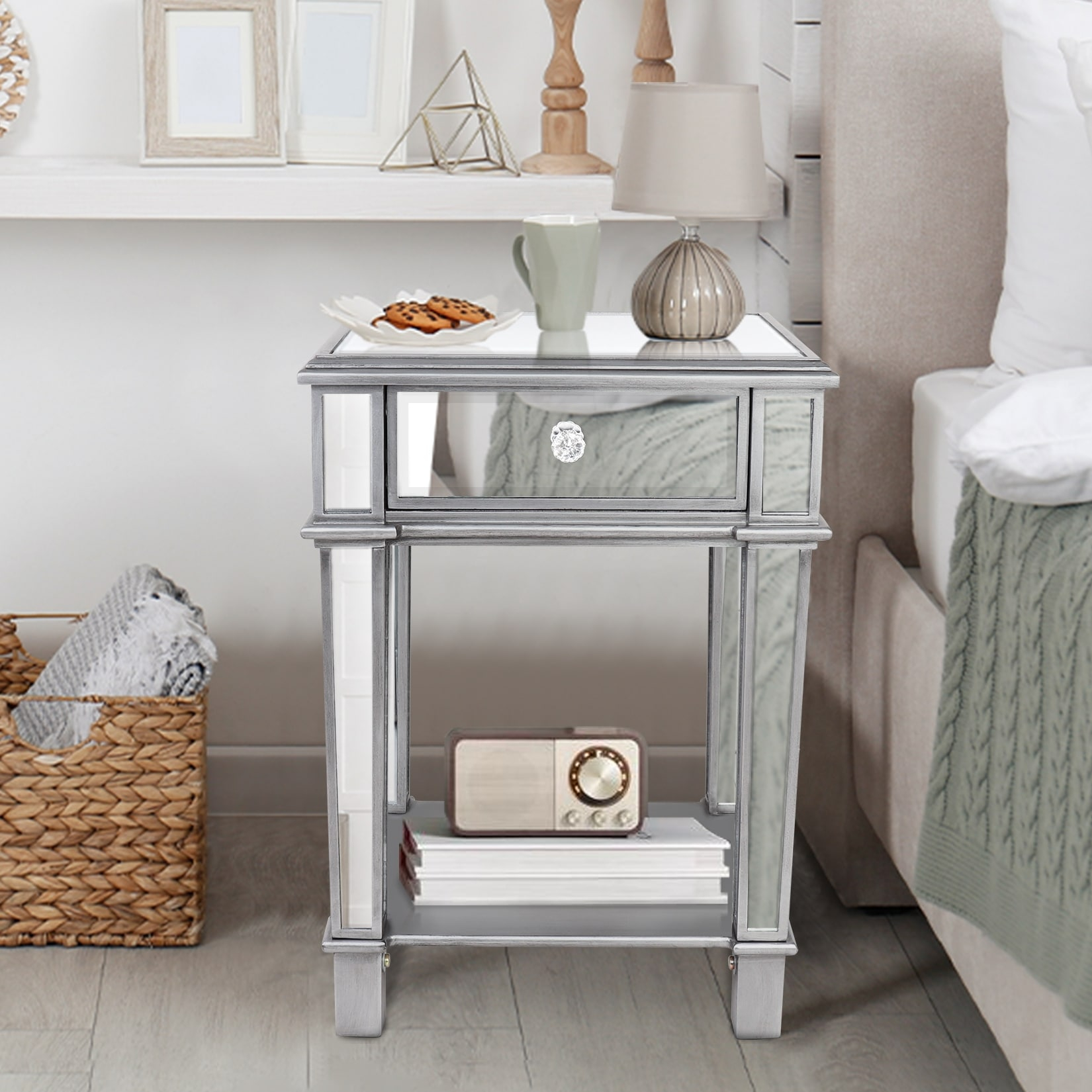 Mirrored Bedside Nightstand Glass Side V Table Silver With Drawer - Bed ... in Benzara Bm225703 2 Drawer Beveled Mirrored Nightstand, Glass Top & Led, Silver