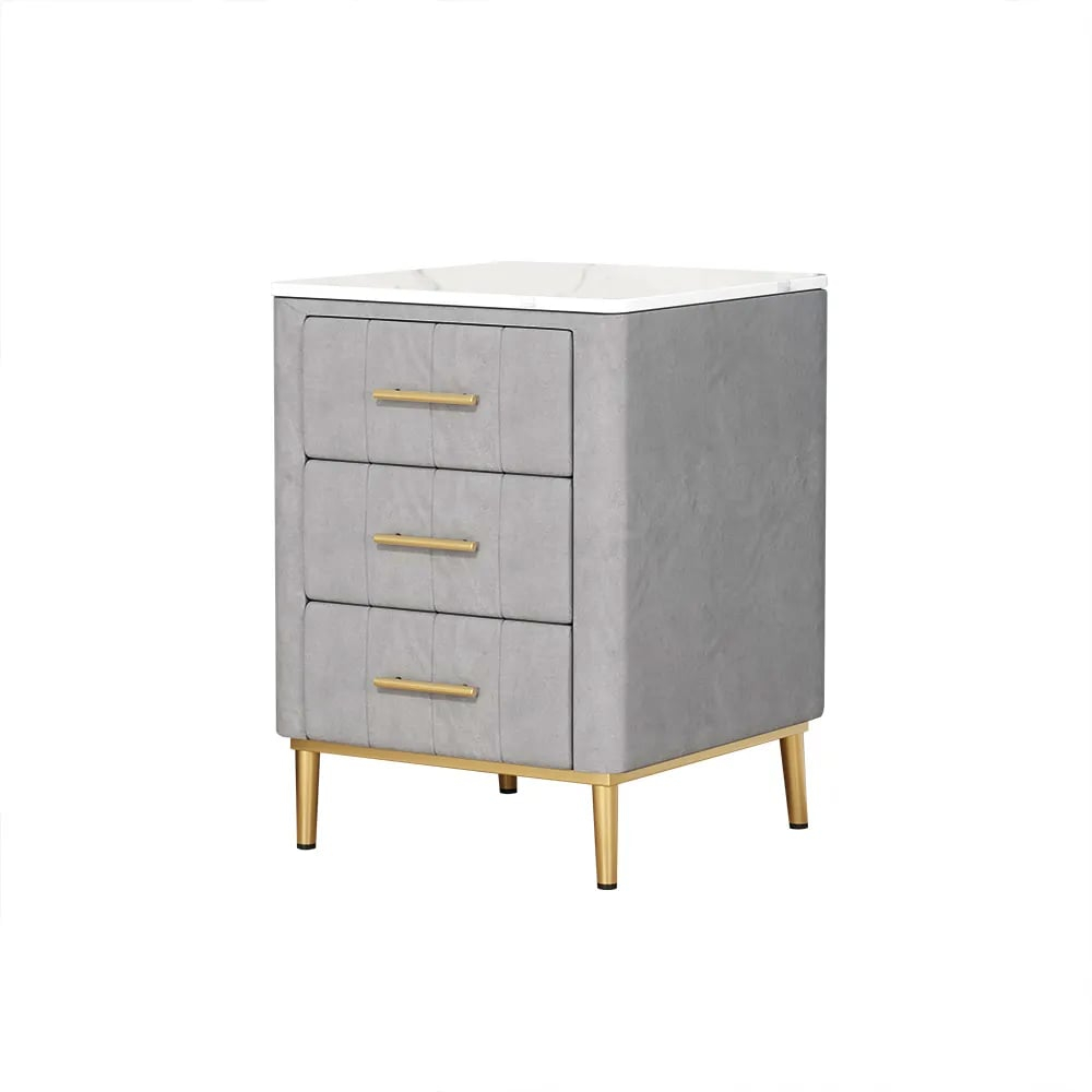 Modern Bedside Table Grey Velvet Upholstered Bedside Table 3 Drawers ... with regard to Modern Nightstand Gray Velvet Upholstered Bedside Table 3 Drawers
