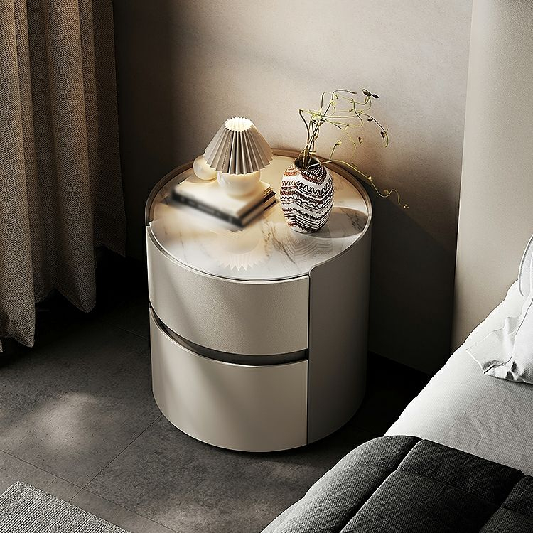 Modern Round Nightstand With Slate Countertop And Two Storage Drawers ... in Contemporary Nightstand, Elegant Design, Arched Top & Glitter Accent, Platinum