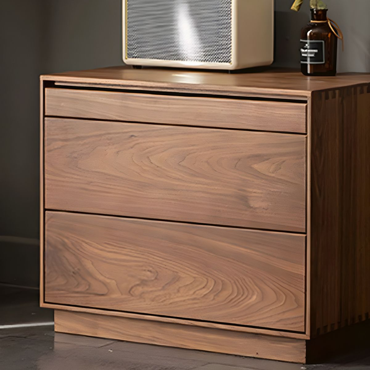 Modern Walnut Wood Nightstand With 3 Drawers And Small/Low Profile In ... in Classic Midcentury Modern 3-Drawer Solid Wood Nightstand, Walnut