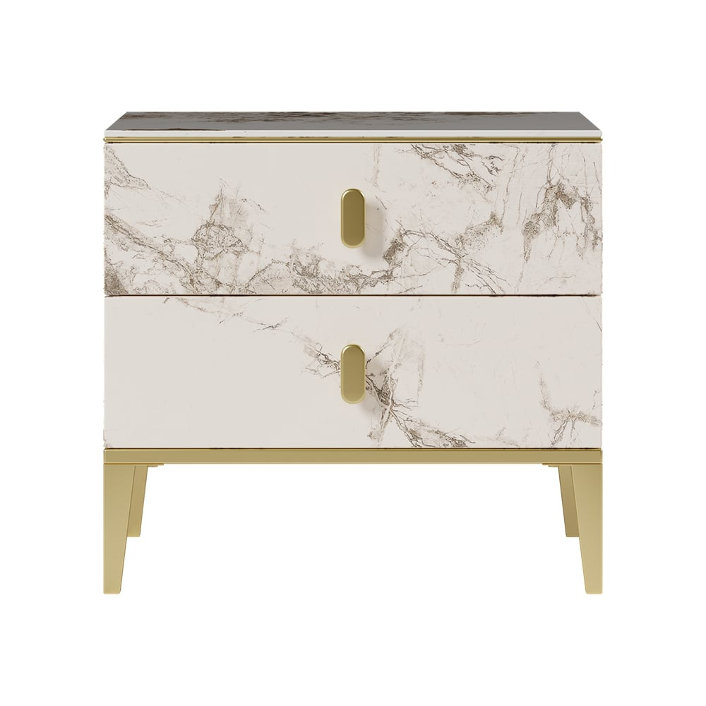 Modern White 2 Drawer Nightstand Marble Veining Bedside Table With ... with Marble Top Contemporary Nightstand