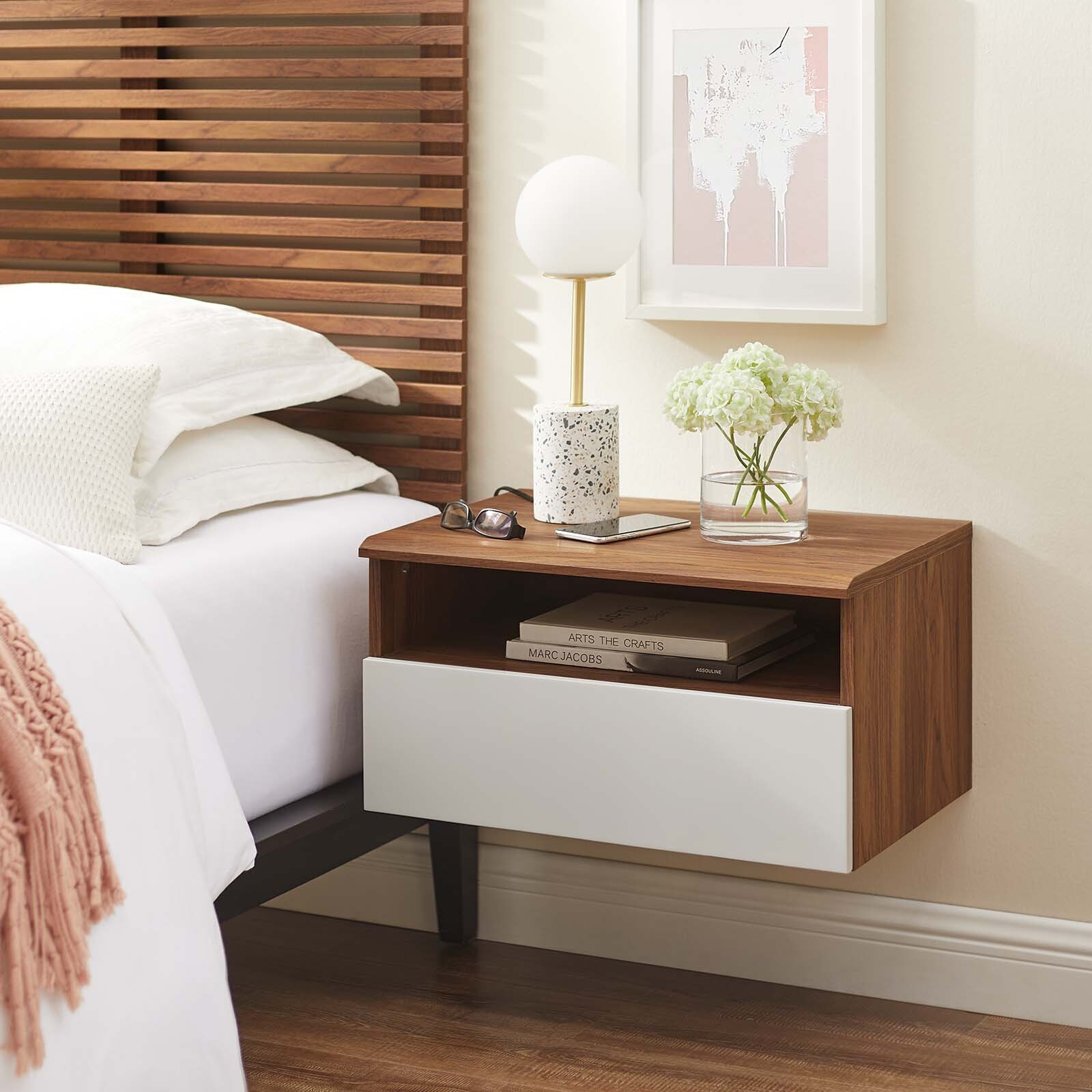 Modway Envision Wall Mount Nightstand In Walnut White | Ebay regarding Modway Envision Modern Particleboard Nightstand In Walnut/White