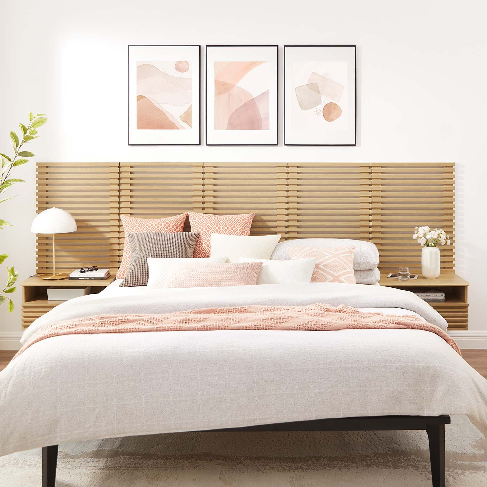 Modway Render Wall Mount Queen Headboard And Modern Nightstands In Oak ... pertaining to Modway Render 1-Drawer Wall-Mount Modern Wood Nightstand In Oak