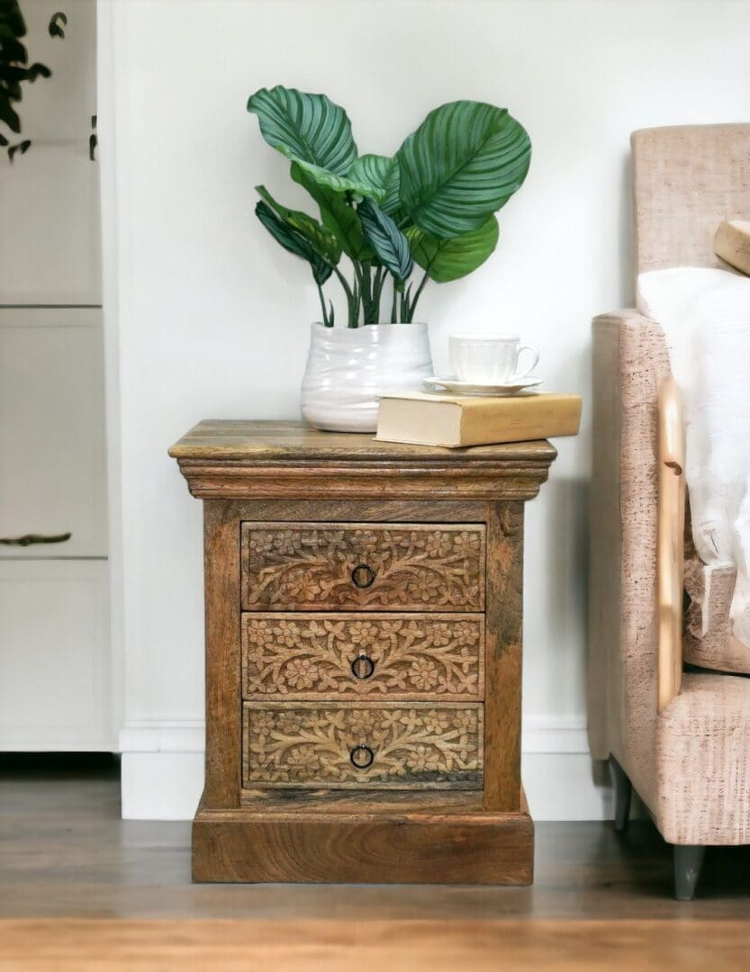 Natural Wood Nightstand Intricate Hand Carved 3 Drawers - Sundara ... inside Understanding the Value of Handcrafted Furniture