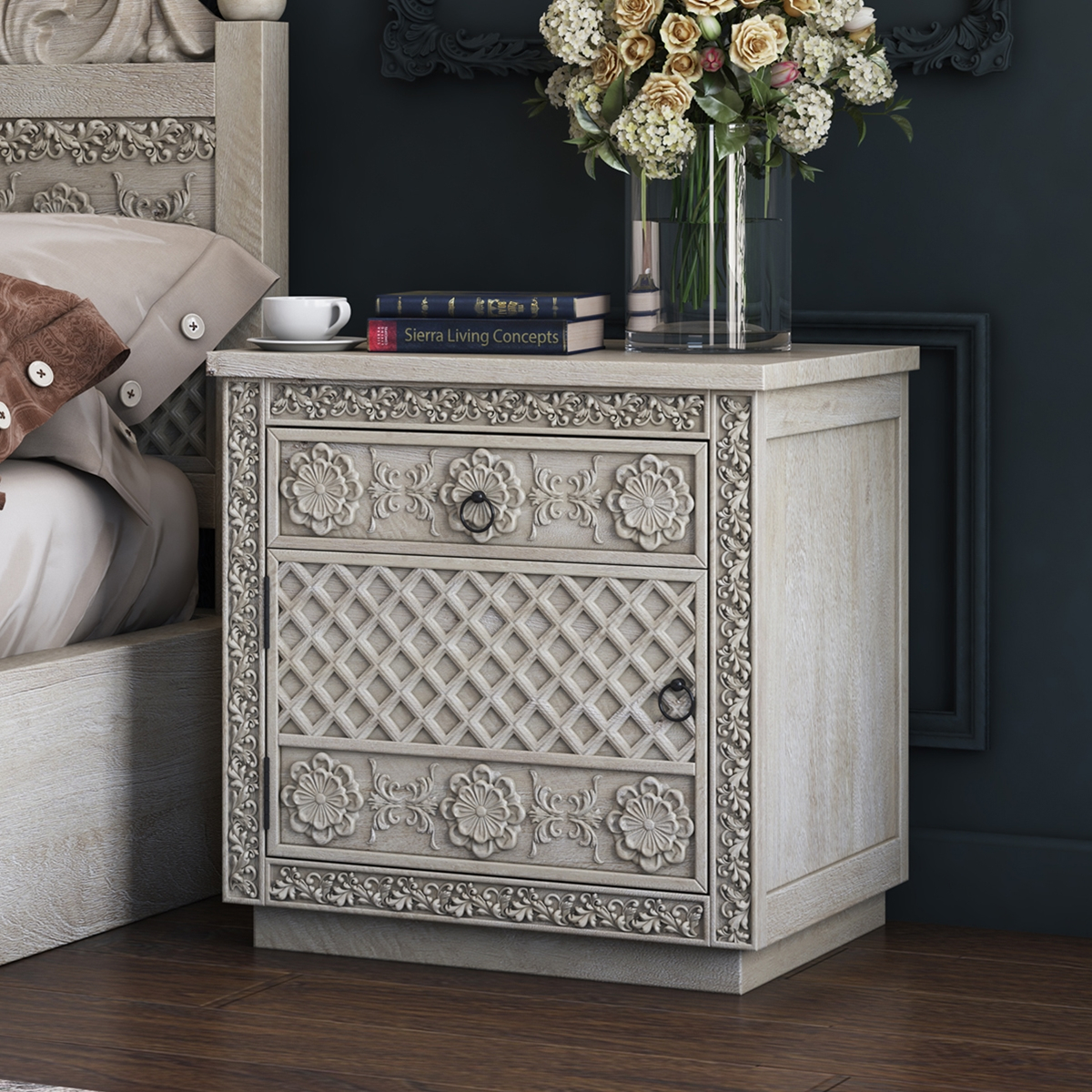 Nuala Hand Carved Solid Wood Nightstand With One Drawer for Gdf Studio Farmhouse Hand-Carved Solid Wood Nightstand