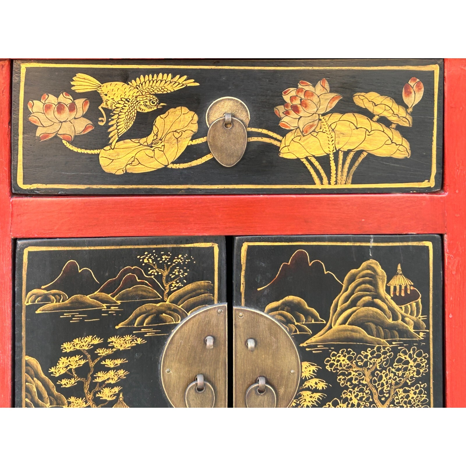 Oriental Distressed Red Black Golden Graphic Side End Table Nightstand ... within Exploring the Trend of Distressed Finishes in Home Furniture