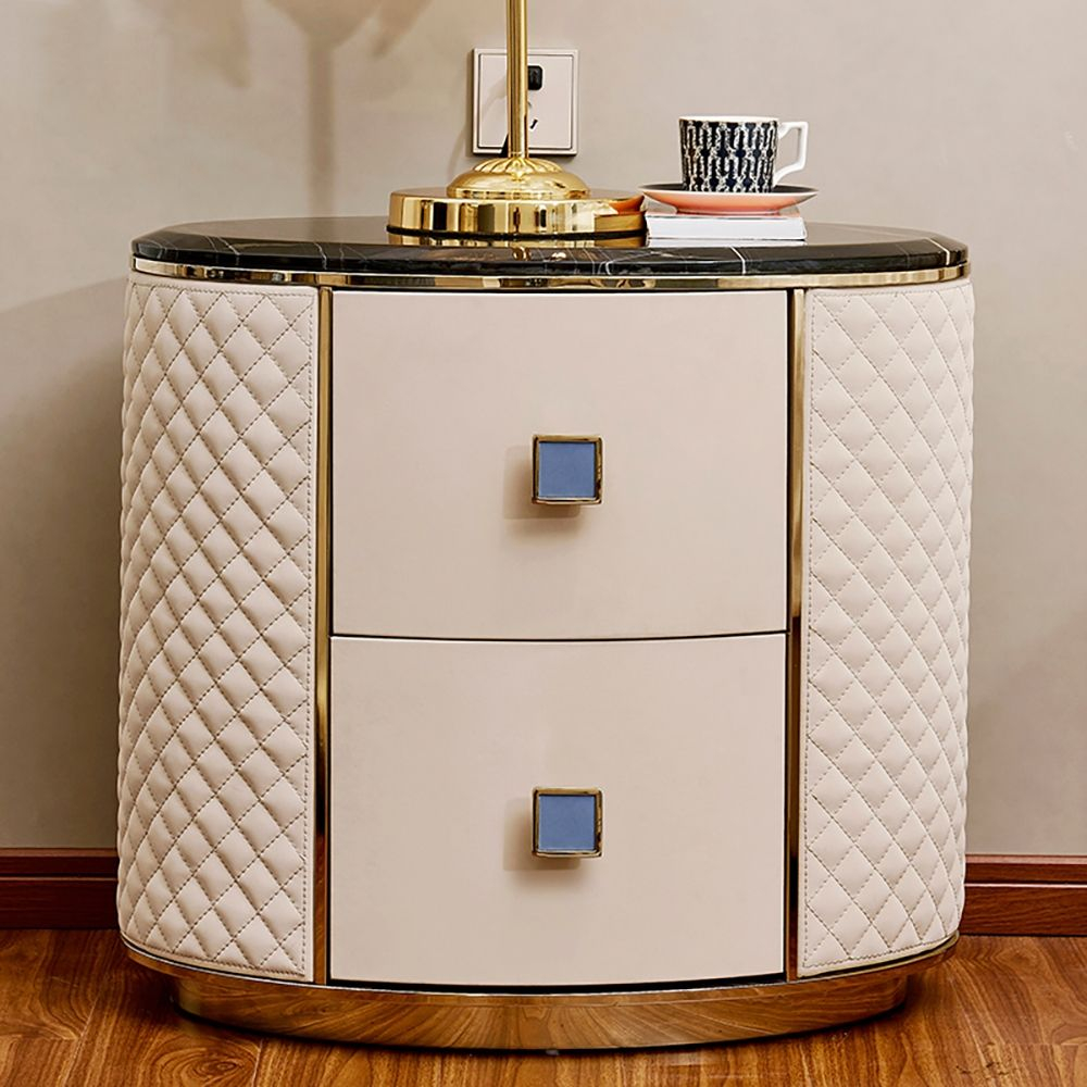 Oval Off White Nightstand Faux Marble Top Leather Upholstery With 2 ... with regard to Contemporary Nightstand, Faux Leather Upholstery & Faux Crystal Accents, White