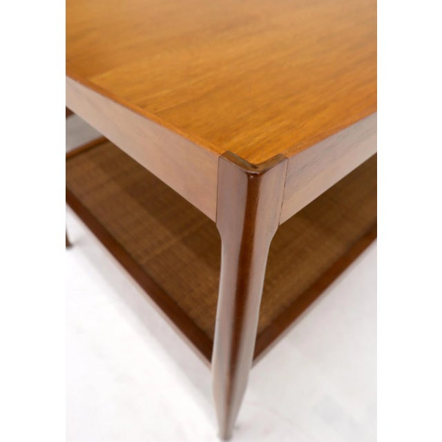 Pair Of Walnut Mid-Century Modern Two-Tier Cane Shelf End Side Tables ... pertaining to Mid-Century Modern Two-Tier Display Stand In Walnut