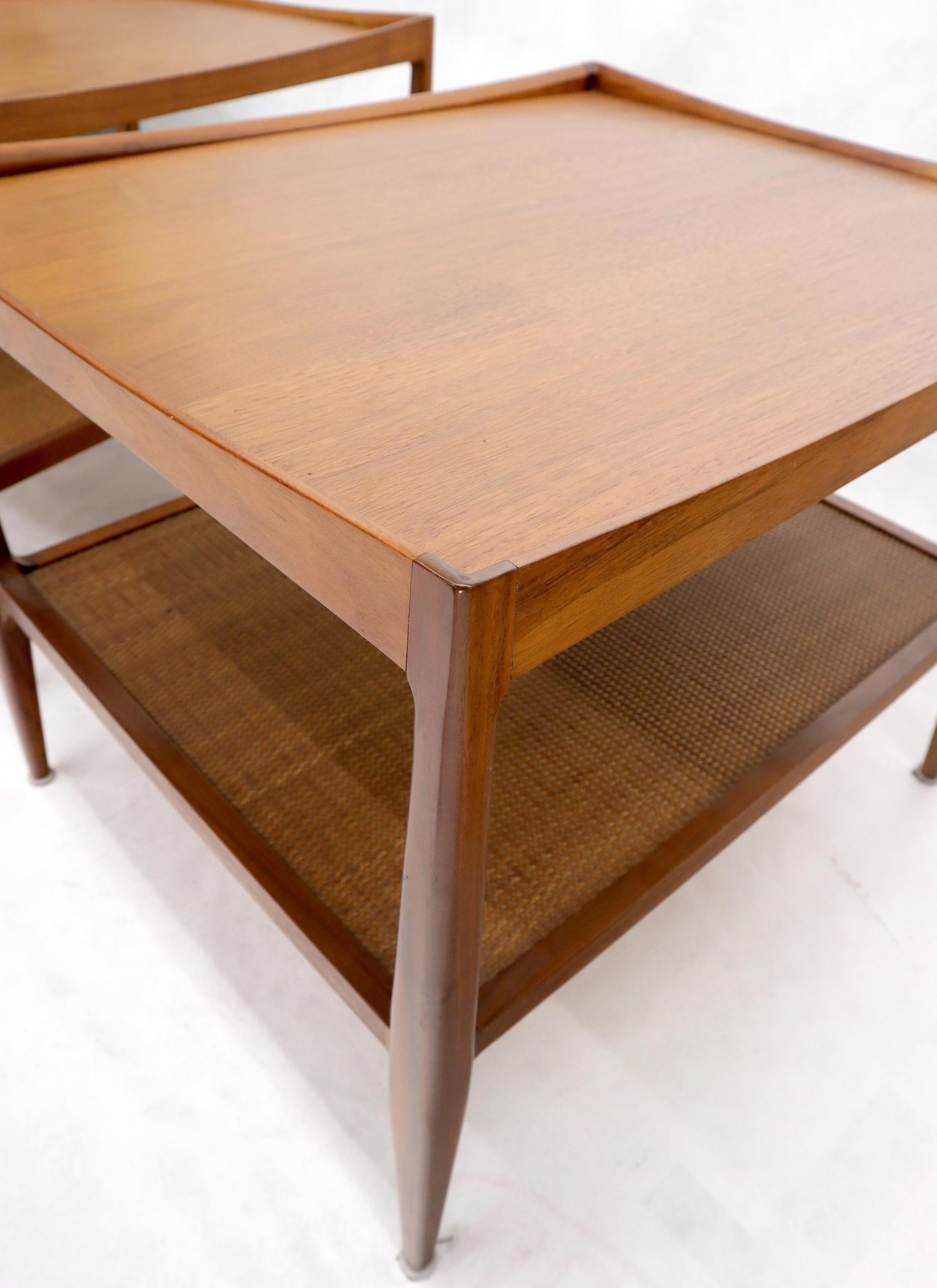 Pair Of Walnut Mid-Century Modern Two-Tier Cane Shelf End Side Tables ... with Mid-Century Modern Two-Tier Display Stand In Walnut