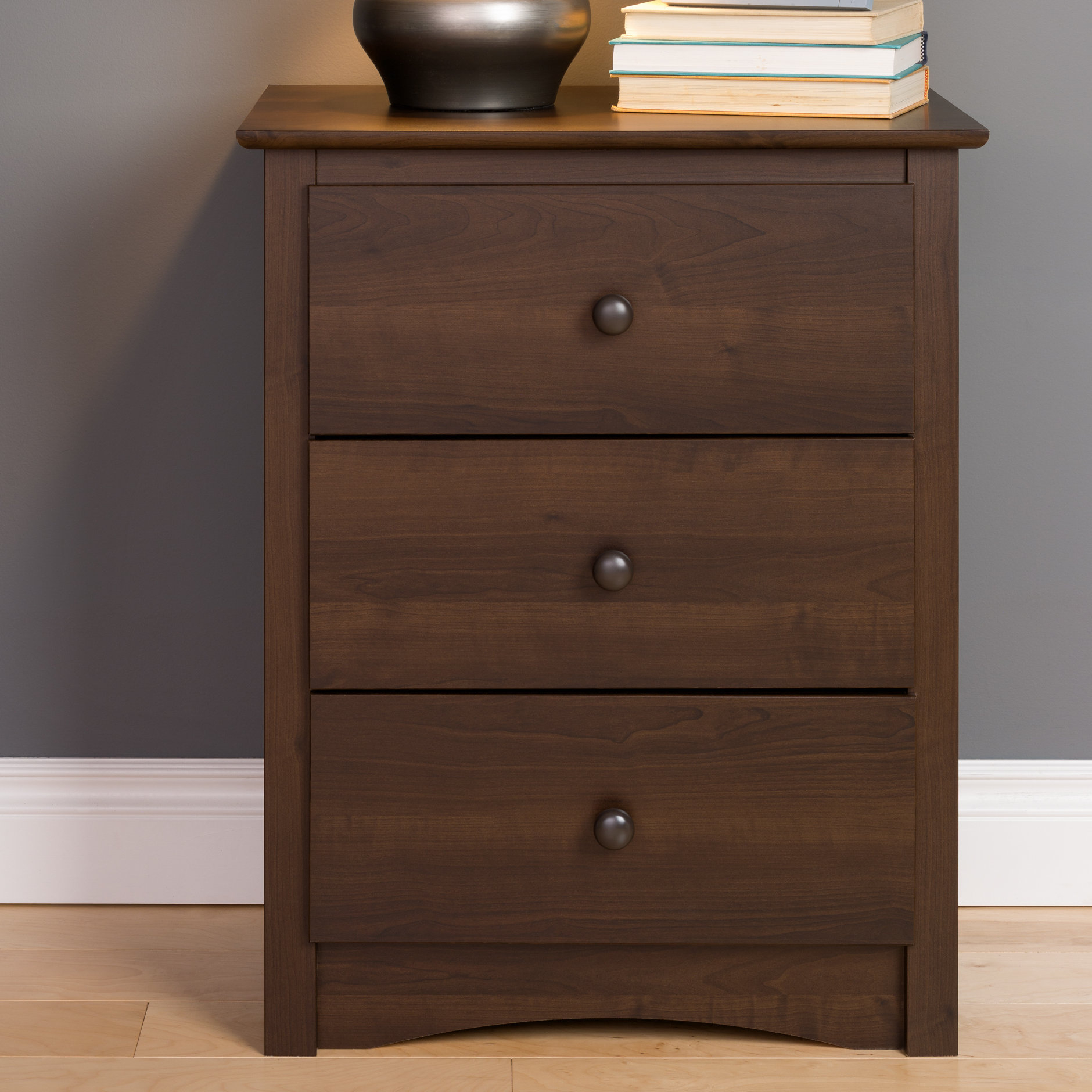 Prepac Fremont Tall Espresso 3 Drawer Nightstand & Reviews | Wayfair with Loretta Gold Finish Wood 3-Drawer Nightstand, Espresso