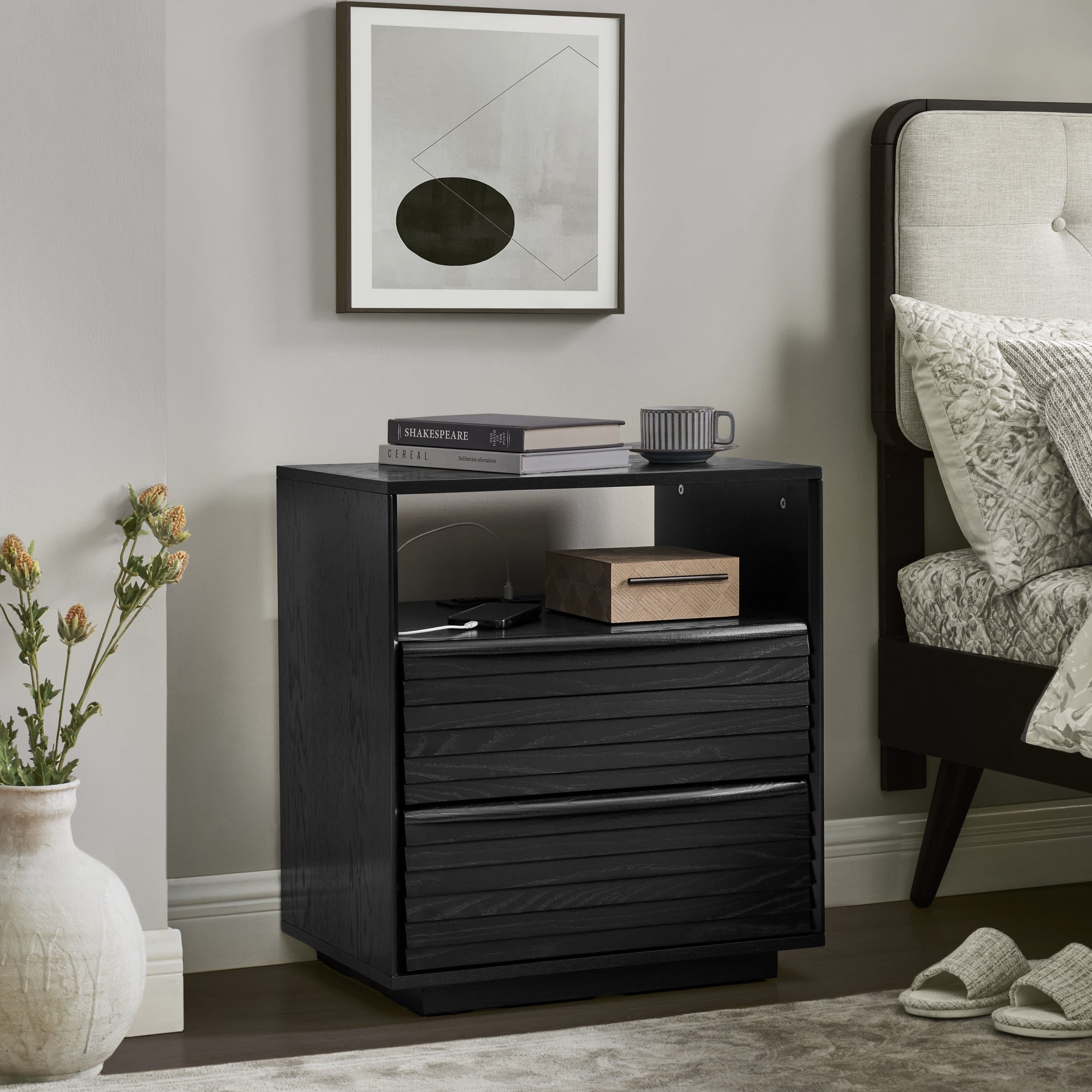 Primary Living Space Cabinets Mid Century Modern Nightstand With ... in French Country Nightstand, Louvered Cabinet Door & Charging Station