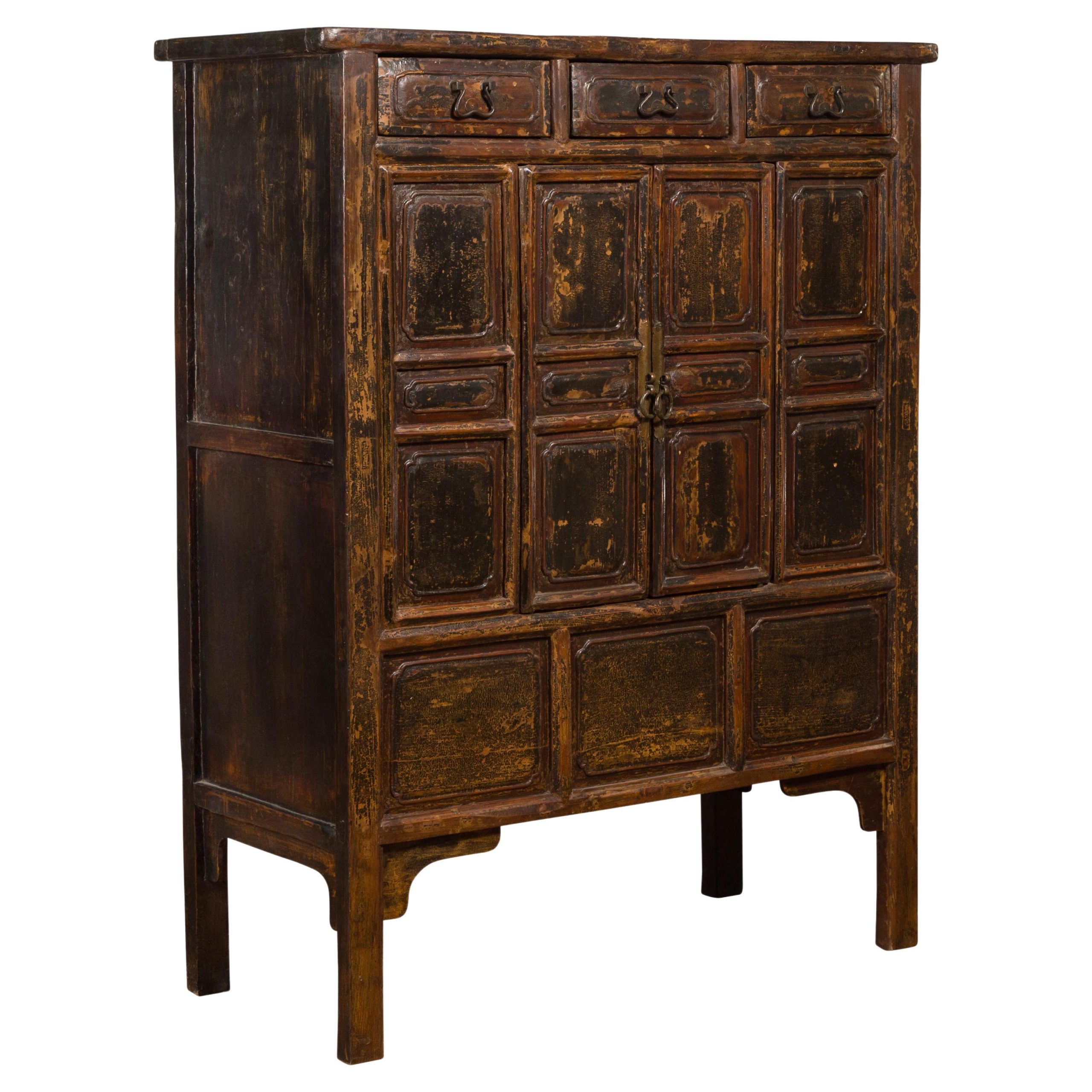 Qing Dynasty 1800S Brown Lacquered Chinese Cabinet With Doors And ... within Vintage Chinese Carving Brown Drawers Side Table Credenza Cabinet Hcs7768