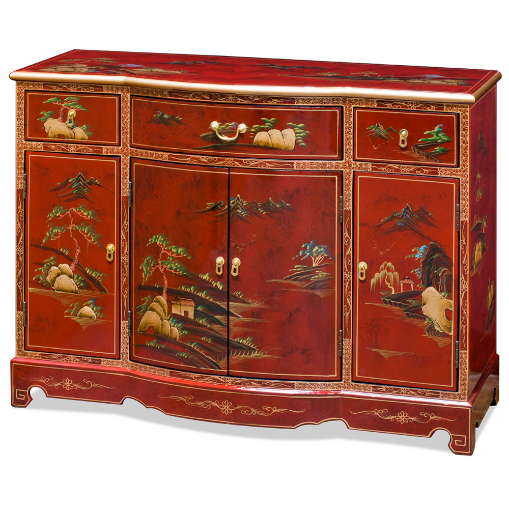 Red Lacquer Chinoiserie Scenery Motif Oriental Hall Cabinet | China ... with regard to Hand Painted Chinoiseries Scenery Motif Oriental Accent Cabinet