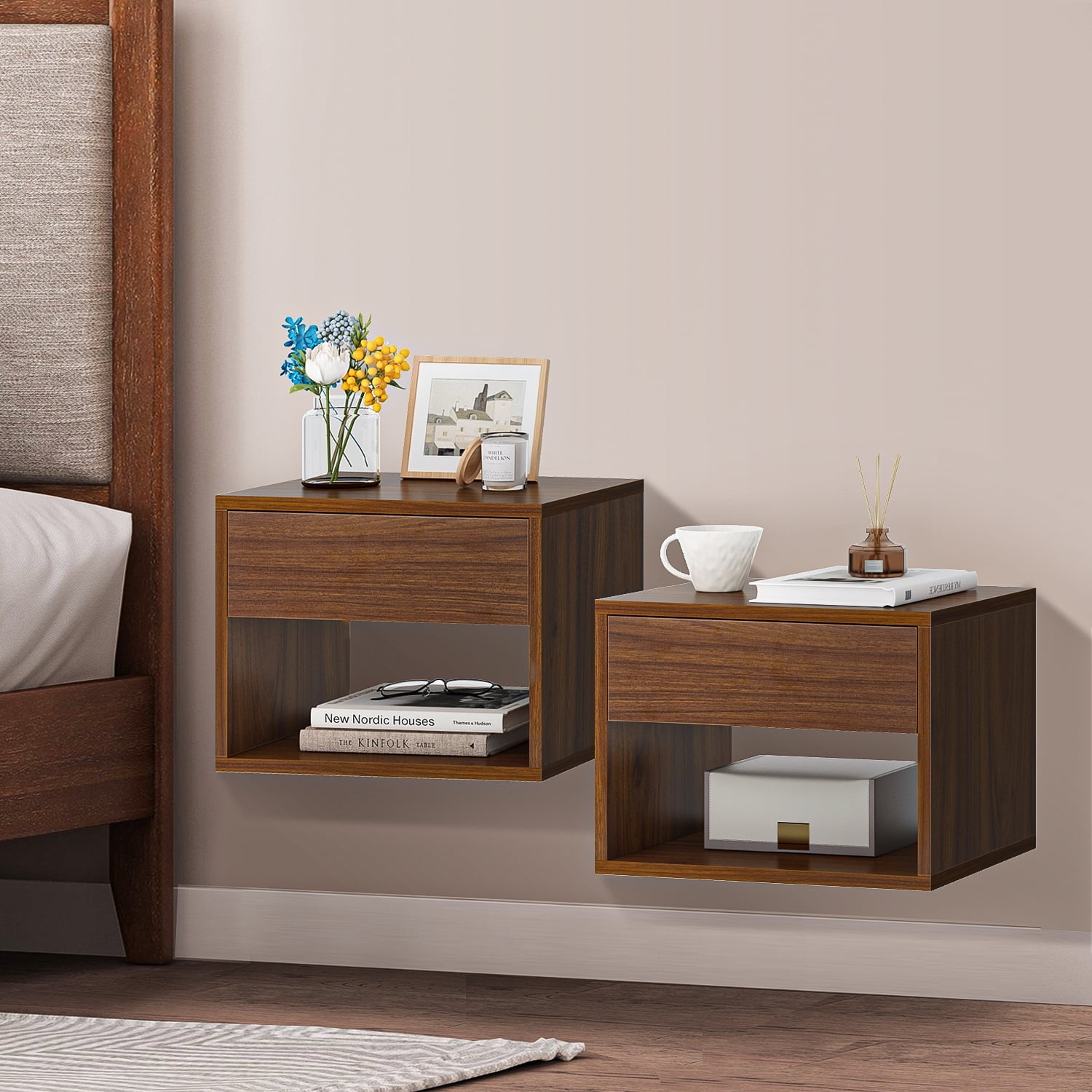 Resenkos Rustic Floating Nightstand Set Of 2, Wood Wall Shelves And ... throughout Modway Envision 1-Shelf Wall Mount Wood Nightstand In Walnut And White