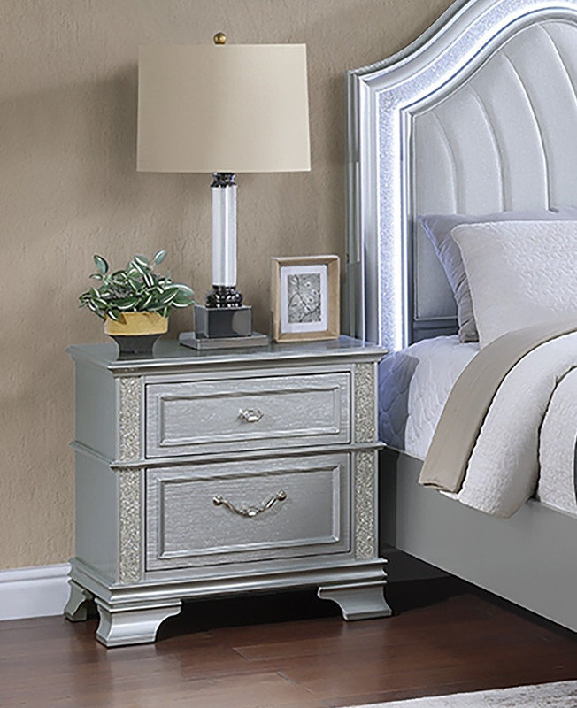 Rosdorf Park Elegance Grey Finish 2-Drawers Nightstand Decorative ... inside Elegant Nightstand, Diamond Patterned Drawers & Glittering Accent
