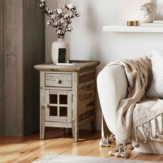 Rustic Shores Distressed Acacia Usb Charging Chairside End Table - Grey ... throughout Grafton Farms Country Farmhouse Usb Charging Chair Side Table