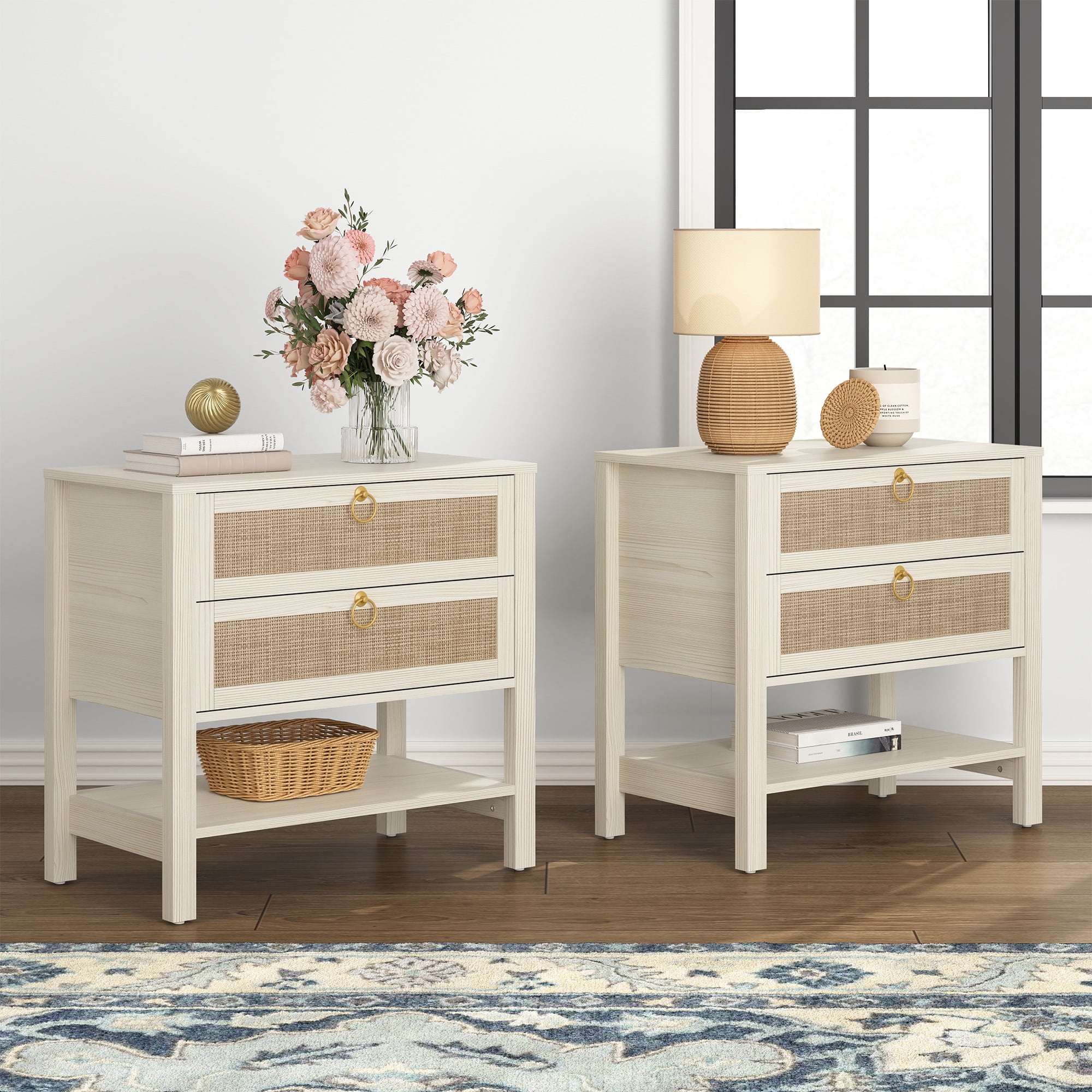 Sicotas Cream White Nightstands Set Of 2 For Small Spaces, Boho ... pertaining to Choosing the Right Lempster Rustic Acacia Wood and Cane Nightstands Set of 2 for Your Living Space