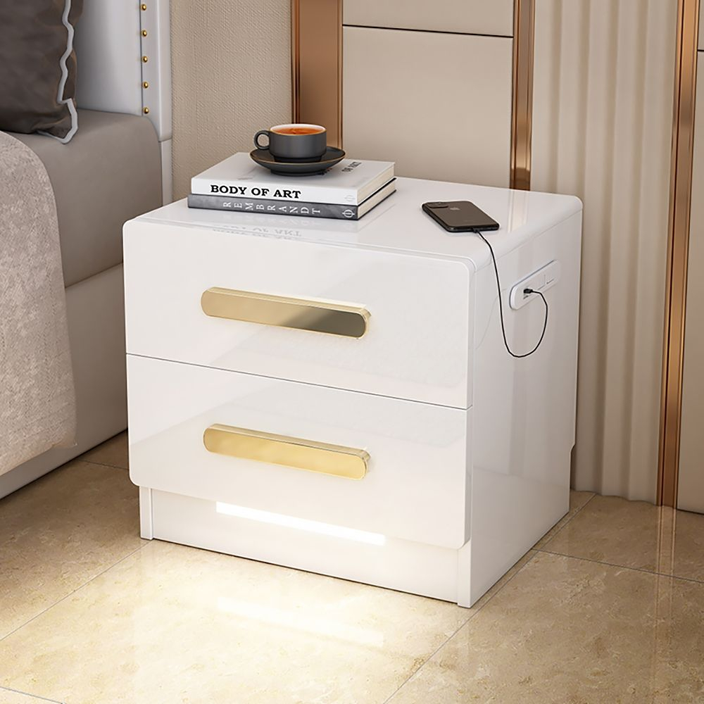 Square 2-Drawer White Nightstand With Usb Port Sensor Light Bed Side ... pertaining to Home Square Emma 2 Drawer Nightstand In White And Gold