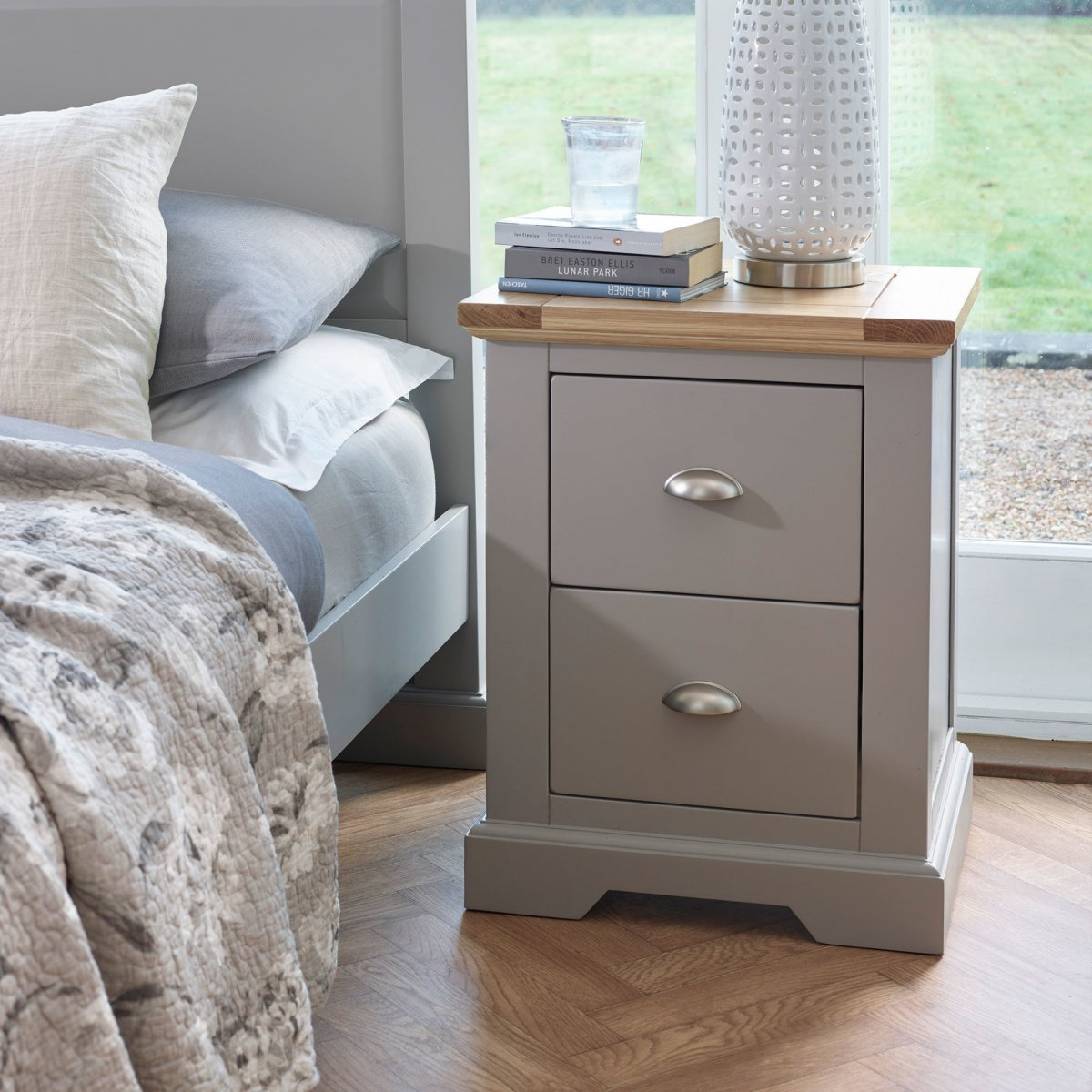St Ives 2 Drawer Grey Bedside Table With Brushed Oak Top pertaining to San Mateo Youth 2-Drawer Wooden Bedside Table, Grey