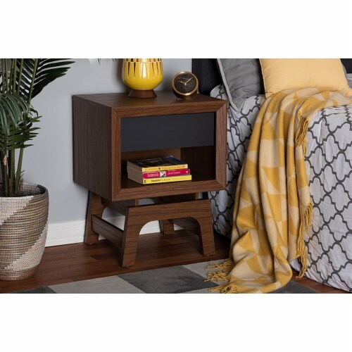 Svante Mid-Century Modern Walnut Brown And Dark Gray Finished Wood 1 ... in Mid-Century Modern Walnut Brown Finished 1-Drawer Wood Nightstand