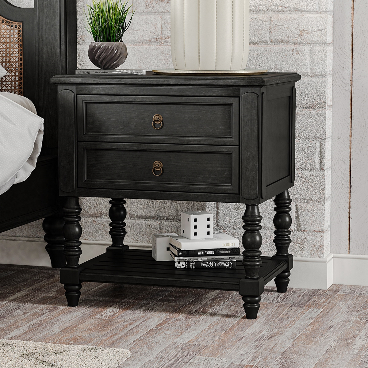 Thetford Traditional Black Solid Wood 2 Drawer Nightstand within Furniture Of America Monica Industrial Wood 2-Drawer Nightstand In Dark Oak