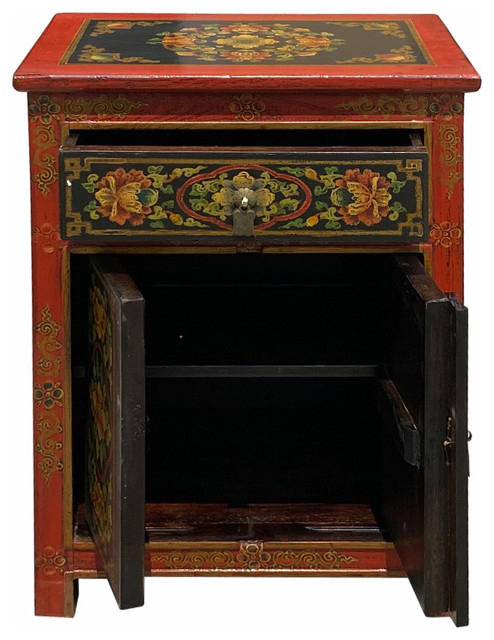 Tibetan Oriental Black Orange Red Floral End Table Nightstand Hcs6949 ... with Red Black Tan Tibetan Floral End Side Table Nightstand Cabinet Hcs7472