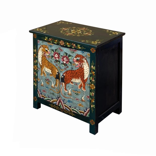 Tibetan Oriental Teal Green Light Blue Jaguars End Table Nightstand ... intended for Understanding the Cultural Significance of Tibetan Dragon Head Furniture